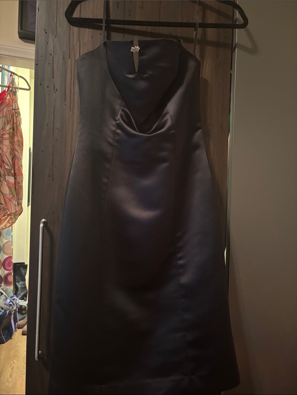 Express Satin Cowl Neck with Rhinestone clip Strapless Black dress Size 1/2